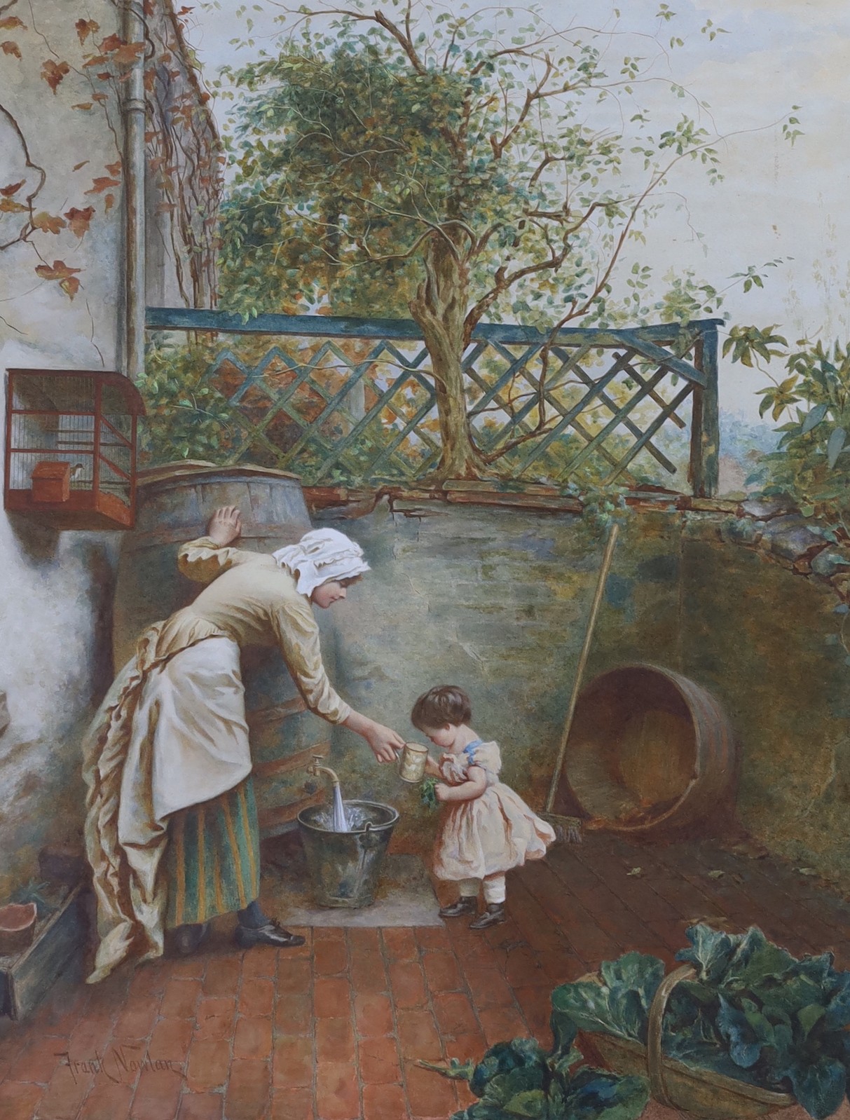 Frank Nowlan (1835-1919), pair of watercolours, Maid fetching water for an infant and Maid carrying laundry, signed, 54 x 42cm